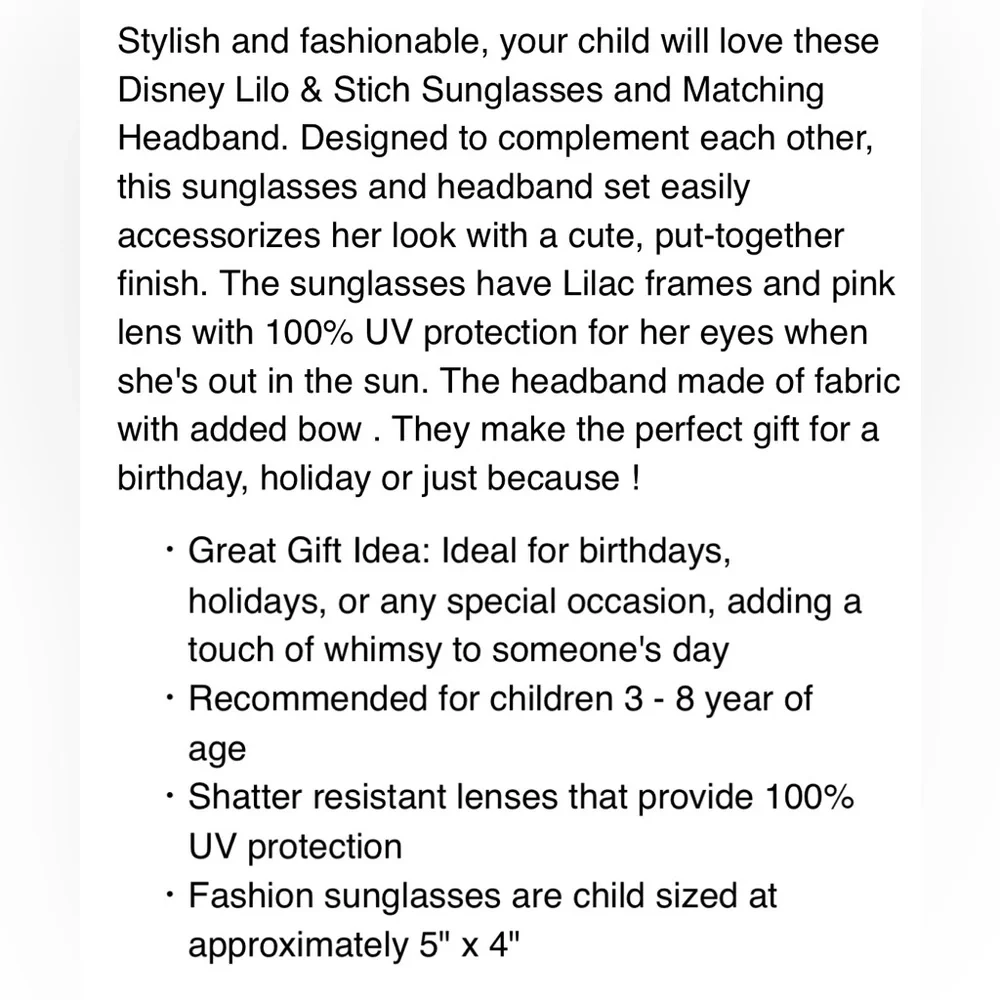🔴‎ 3/$12 NWT Disney Stitch Sunglasses & Headband Set UV Protection Kids 3+